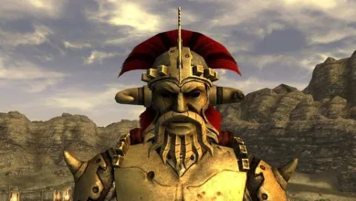A Caesar's Legion warrior stands in a rocky Fallout: New Vegas landscape.