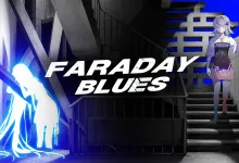 Key art for Faraday Blues showing a glowing silhouetted figure in a stairwell and a white-haired character standing on the stairs.