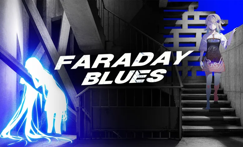 Key art for Faraday Blues showing a glowing silhouetted figure in a stairwell and a white-haired character standing on the stairs.