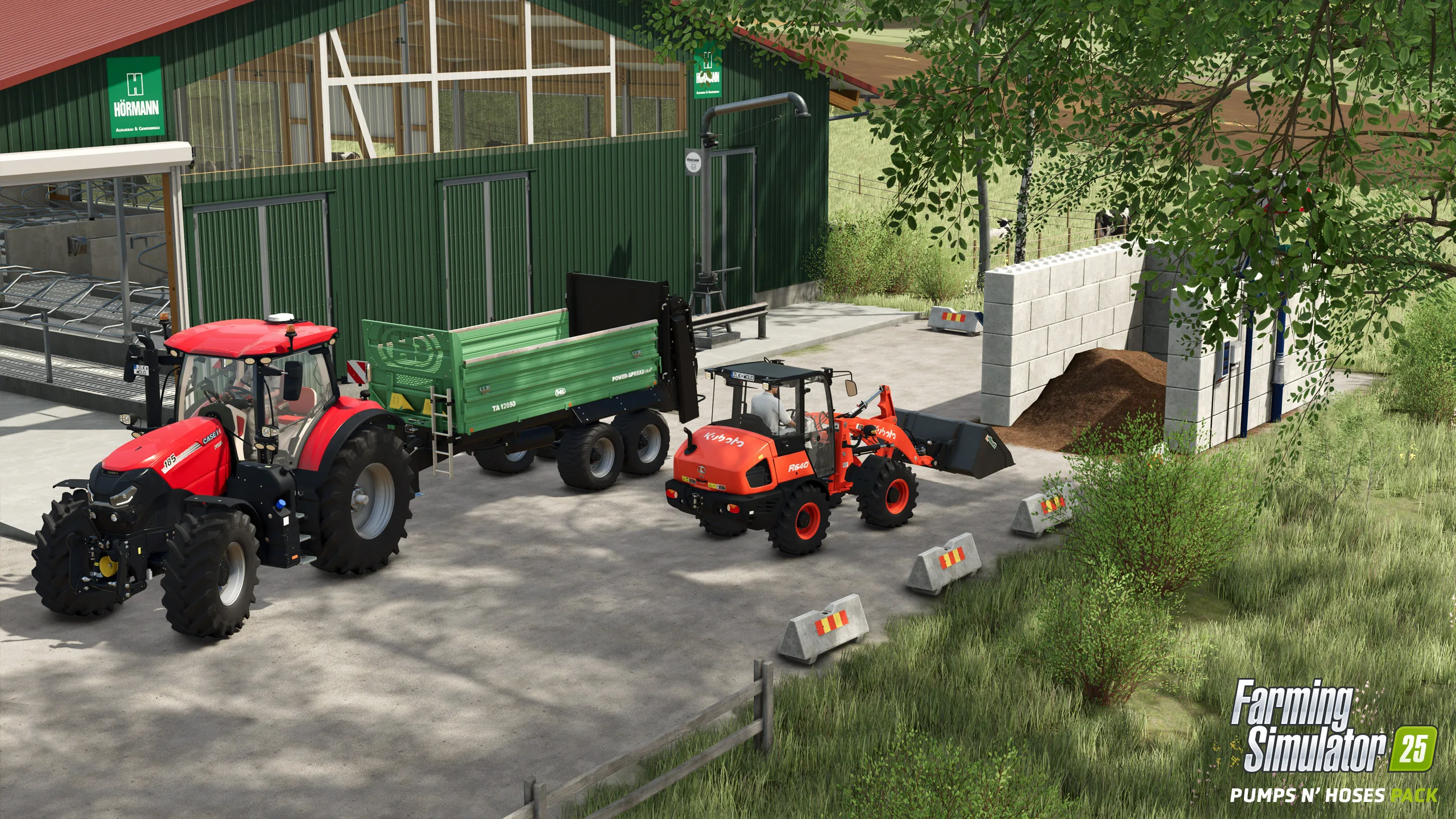 Farming Simulator 25 farm equipment near stored manure and a loading area