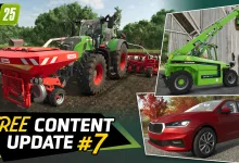 A tractor with a red SOLÀ implement, a green telehandler, and a red compact car appear in a Farming Simulator 25 update graphic.