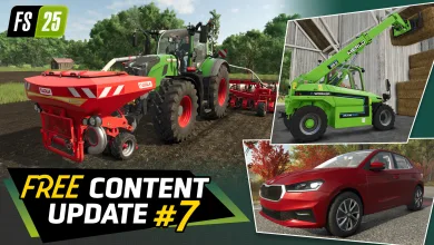 A tractor with a red SOLÀ implement, a green telehandler, and a red compact car appear in a Farming Simulator 25 update graphic.