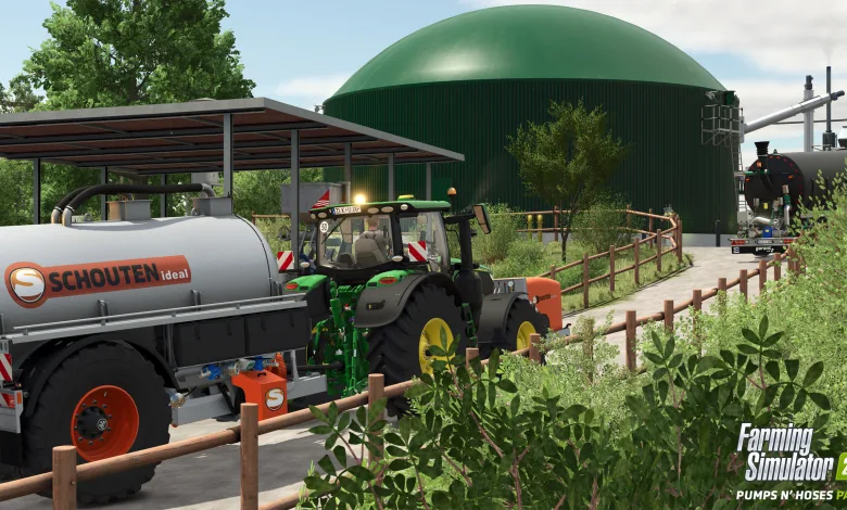 A Farming Simulator 25 tractor pulls a Schouten slurry tanker beside a large green biogas tank.