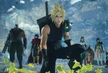 Cloud and the Final Fantasy 7 Revelation cast approach a flowerbed
