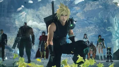 Cloud and the Final Fantasy 7 Revelation cast approach a flowerbed