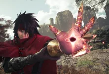 Vincent Valentine raises a glowing crystal in Final Fantasy 7 Revelation