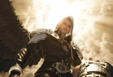 Sephiroth stands in dark armor beneath a bright sky with a black wing extending behind him in Final Fantasy VII Revelation artwork
