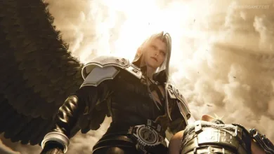 Sephiroth stands in dark armor beneath a bright sky with a black wing extending behind him in Final Fantasy VII Revelation artwork