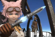 Cat-eared Final Fantasy XIV character holding a crossbow bolt with a crossbow visible behind her