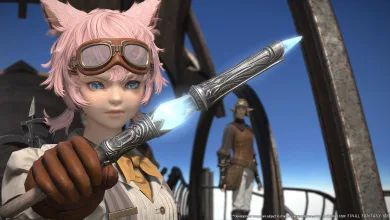 Cat-eared Final Fantasy XIV character holding a crossbow bolt with a crossbow visible behind her
