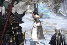 Final Fantasy XIV characters stand in a snowy landscape near a woman holding a glowing object