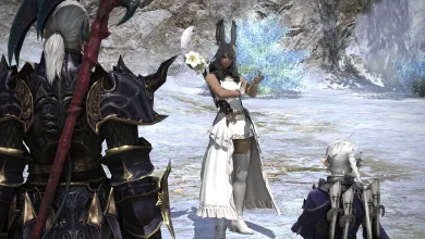 Final Fantasy XIV characters stand in a snowy landscape near a woman holding a glowing object