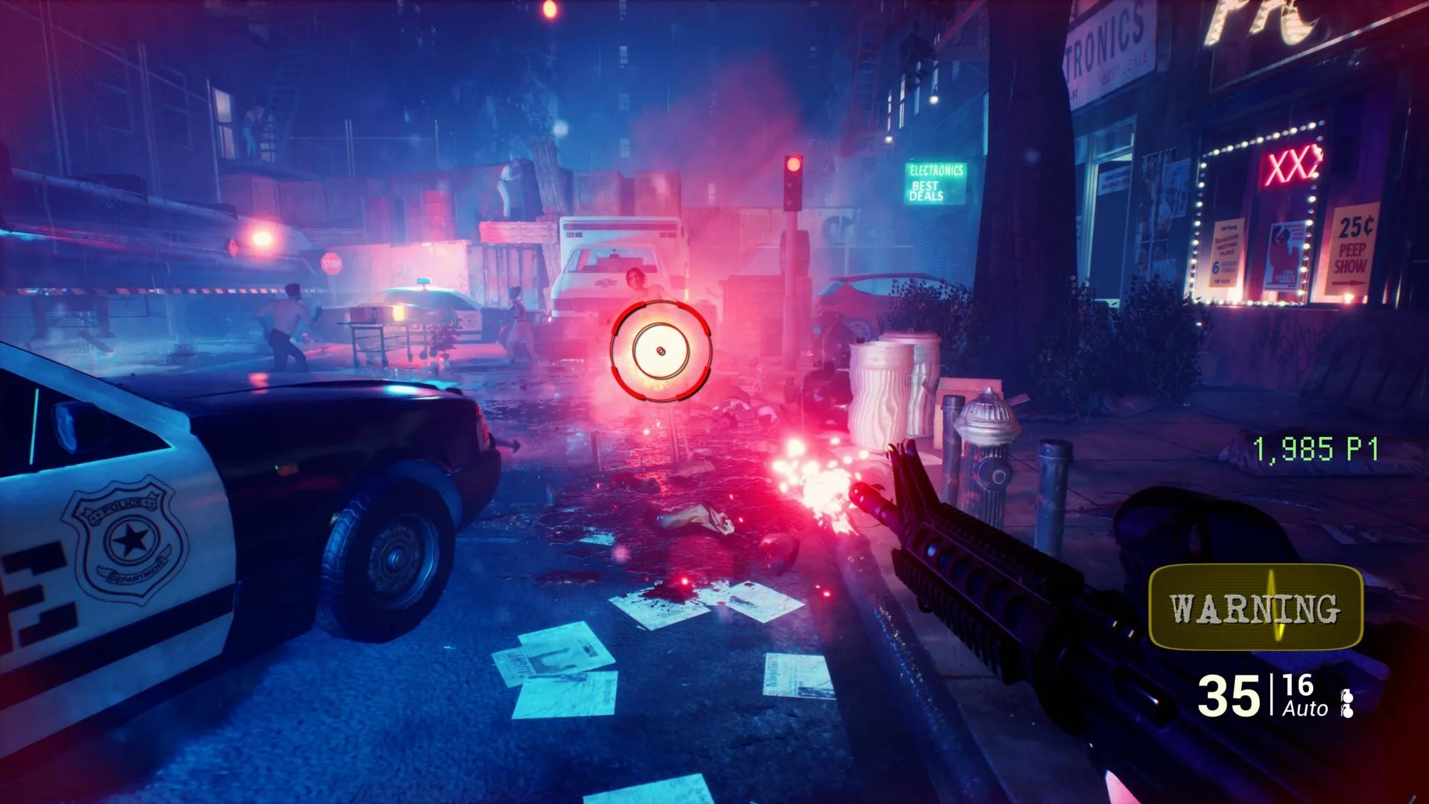 First-person view of a police-lined street in Railbreak DX