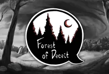 The Forest of Deceit logo appears over a black-and-white forest landscape beneath a crescent moon.