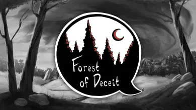 The Forest of Deceit logo appears over a black-and-white forest landscape beneath a crescent moon.