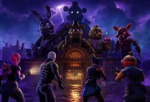Fortnite characters face Five Nights at Freddy's animatronics outside a glowing haunted pizzeria beneath a stormy purple sky.