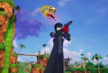 Joker in a black outfit aims a gun while standing on a tropical Fortnite island.
