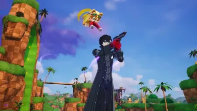 Joker in a black outfit aims a gun while standing on a tropical Fortnite island.