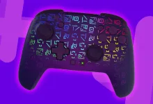 Purple Fortnite Kevin the Cube-themed Turtle Beach Rematch Wireless RGB controller covered in glowing multicolored rune symbols