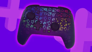 Purple Fortnite Kevin the Cube-themed Turtle Beach Rematch Wireless RGB controller covered in glowing multicolored rune symbols
