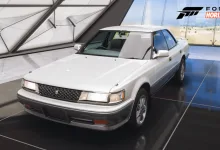 White 1991 Toyota Chaser GT Twin Turbo displayed inside a Forza Horizon 5 showroom