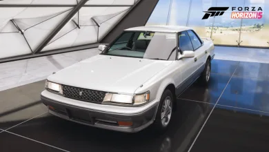White 1991 Toyota Chaser GT Twin Turbo displayed inside a Forza Horizon 5 showroom