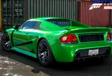Rear three-quarter view of a green 2010 Rossion Q1 in Forza Horizon 5