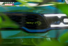 Close-up of the green 2021 Dodge Durango Hellcat front grille in Forza Horizon 5