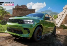 A green 2021 Dodge Durango SRT Hellcat driving through a rocky landscape in Forza Horizon 5