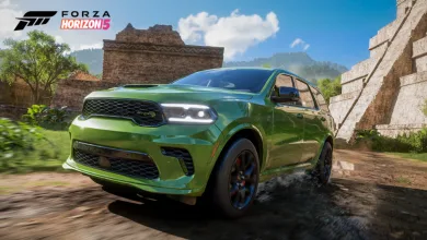 A green 2021 Dodge Durango SRT Hellcat driving through a rocky landscape in Forza Horizon 5