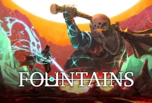 An armored warrior raises a weapon against a colorful fantasy landscape in Fountains