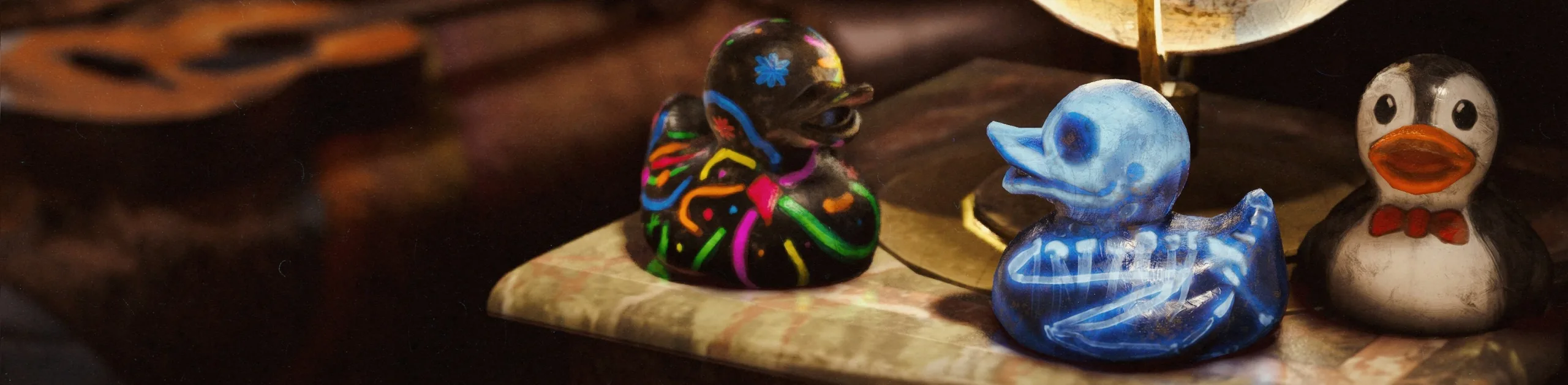 Four colorful Rubber Duck collectibles on a wooden shelf