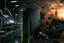 A black vertical game console stands between an optical disc production line and a damaged optical drive in a futuristic industrial scene.