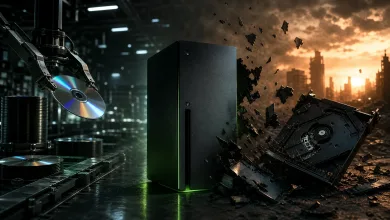 A black vertical game console stands between an optical disc production line and a damaged optical drive in a futuristic industrial scene.