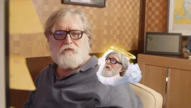 Gabe Newell sits in an office beside a small winged, haloed version of himself in a humorous composite image.