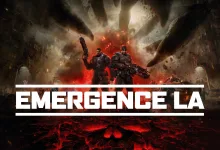 Two armored Gears of War: E-Day characters stand in a cavern above a red-lit emergence hole.
