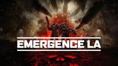 Two armored Gears of War: E-Day characters stand in a cavern above a red-lit emergence hole.