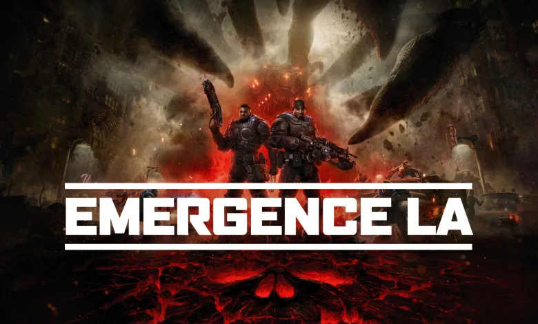 Two armored Gears of War: E-Day characters stand in a cavern above a red-lit emergence hole.