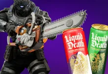 A Gears of War: E-Day armored character holds a chainsaw beside red and green Liquid Death Energy cans.