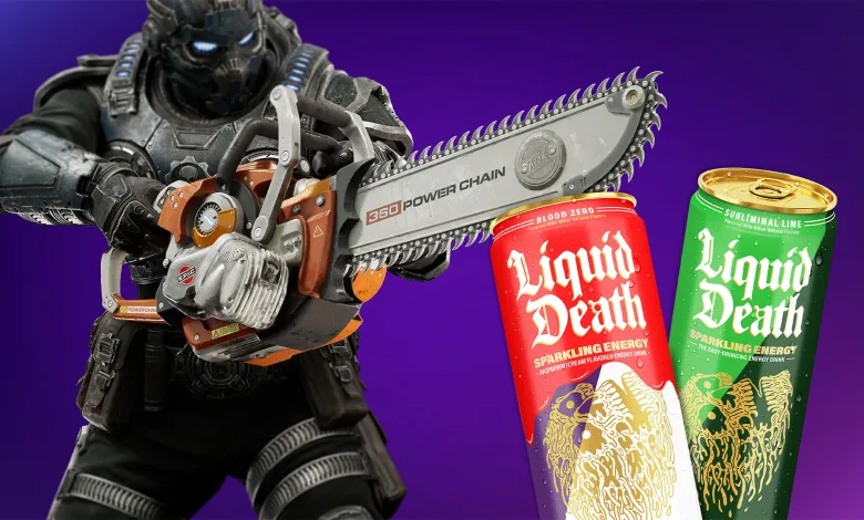 A Gears of War: E-Day armored character holds a chainsaw beside red and green Liquid Death Energy cans.