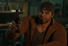 A bearded Gears of War: E-Day character in a cap and brown jacket raises a bottle in a dim bar.