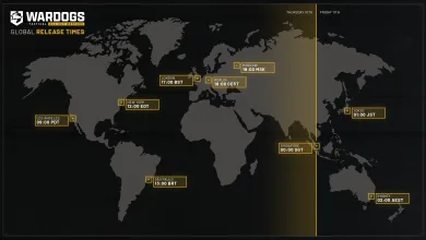 WARDOGS global release times map showing launch times from Los Angeles to Sydney.
