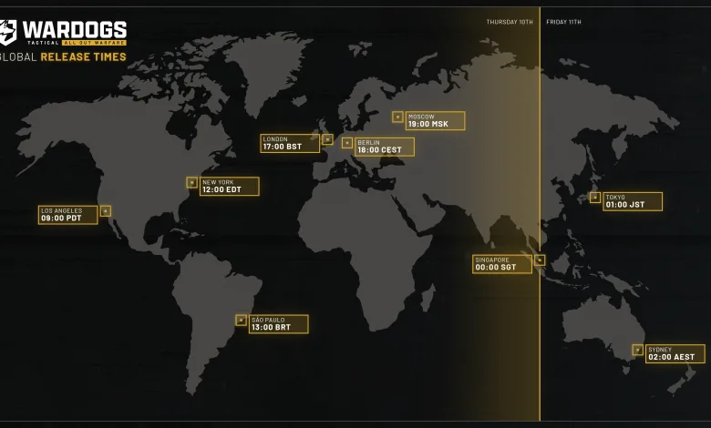 WARDOGS global release times map showing launch times from Los Angeles to Sydney.