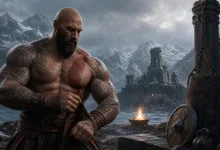 A muscular bald, bearded warrior stands shirtless in a snowy Norse-inspired mountain landscape beside a brazier.