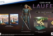 God of War Laufey standard edition artwork showing Faye, the game cases, Phranque golden leaves, and an in-game resource pack.