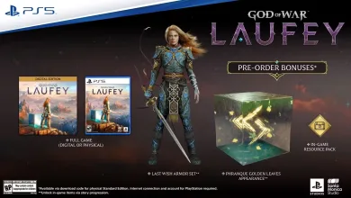 God of War Laufey standard edition artwork showing Faye, the game cases, Phranque golden leaves, and an in-game resource pack.