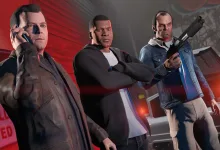 Michael, Franklin, and Trevor stand together in Grand Theft Auto V character artwork.