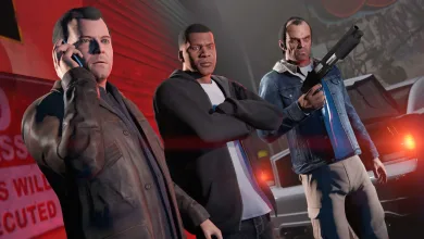 Michael, Franklin, and Trevor stand together in Grand Theft Auto V character artwork.