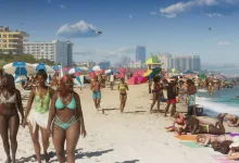 A crowded beach with umbrellas, swimmers, and city buildings in Grand Theft Auto VI.