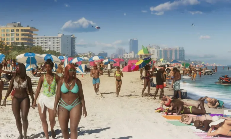 A crowded beach with umbrellas, swimmers, and city buildings in Grand Theft Auto VI.